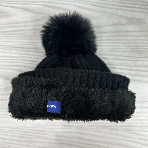 Hat Attack Acrylic Pom Pom Winter Beanie Hat Faux Fur Lined Ribbed Knit Black - Picture 10 of 11
